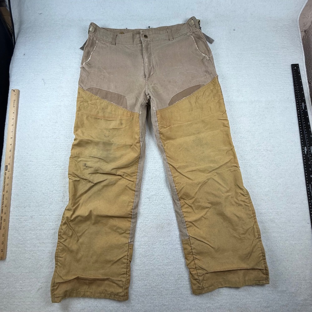 Columbia Mens 36x32 Hunting Pants Tan Canvas Double Knee Distressed workwear
